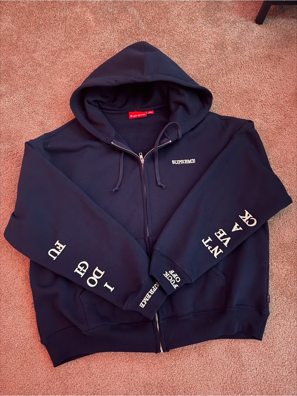 Supreme Navy Full-Zip Hoodie with White Sleeve Graphics